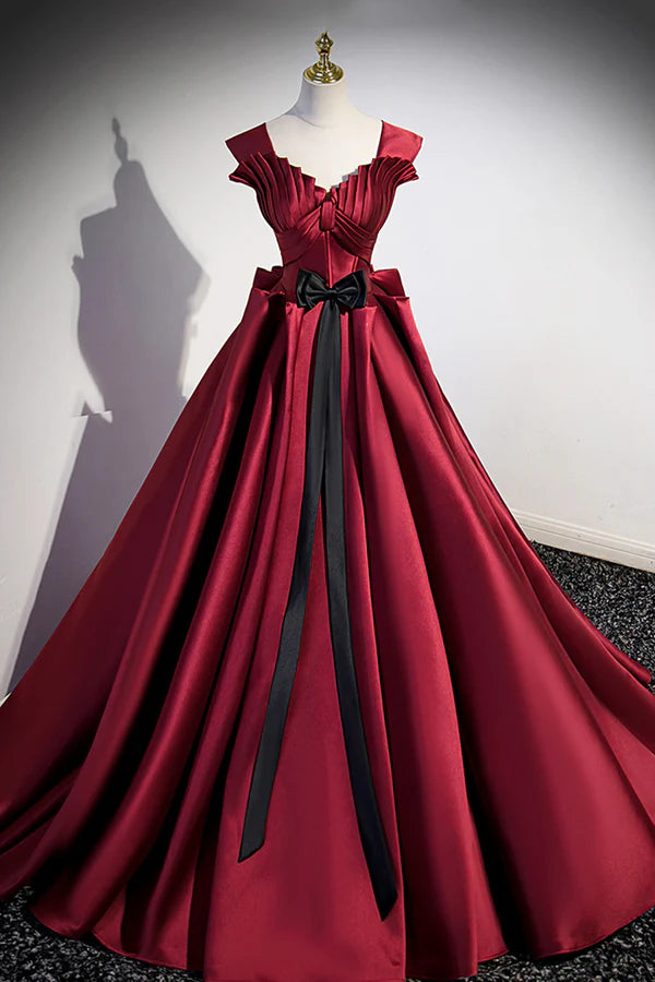 Wholesale Burgundy Satin Long Prom Dress Burgundy A-Line Evening Dress